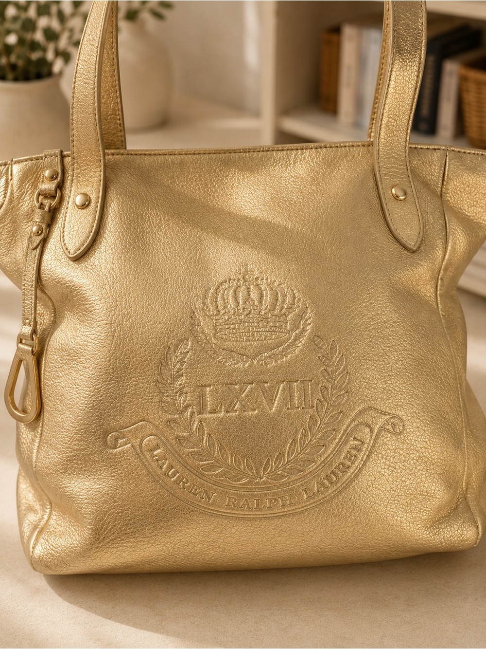 Lauren Ralph Lauren Metallic Gold LXVII Crest Tote Bag LG Shopper Shoulder Purse - Picture 9 of 13